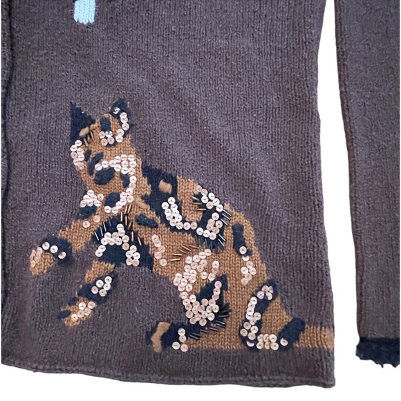 Susan Bristol Cat Sweater Cardigan Beads Sequins Kamala Brown Petite Size L - Picture 6 of 8